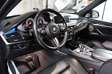 Interior view of used BMW near Belmont, California.