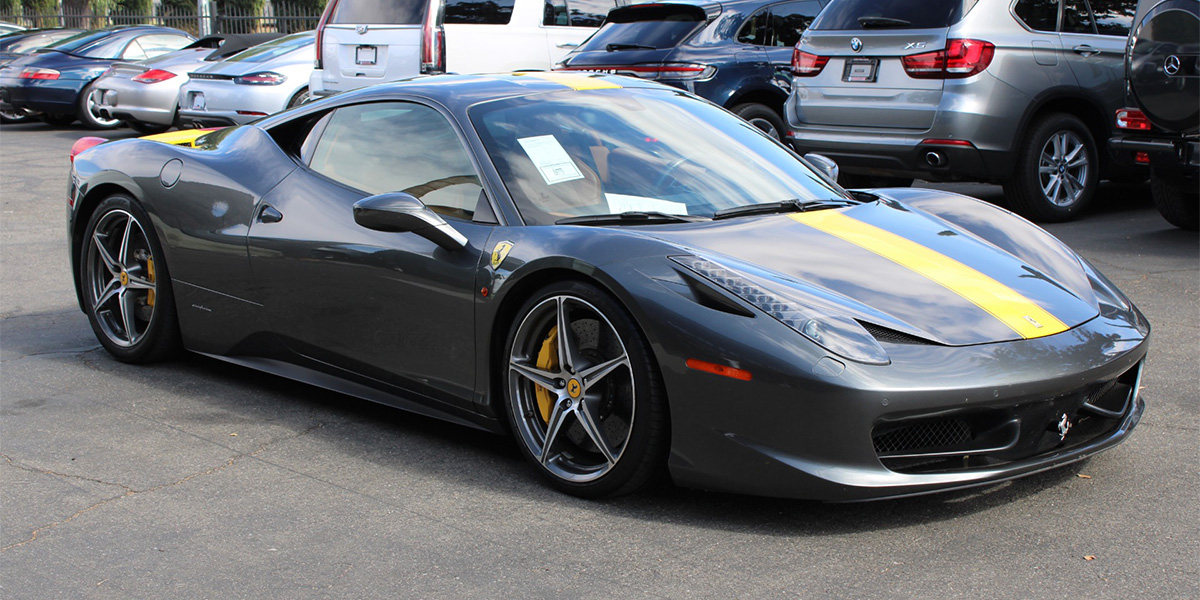 Exterior view of the 2011 458 Italia, a used Ferrari for sale near Ben Lomond, California from Silicon Valley Enthusiast.